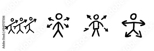Stick Figure Movement And Direction Line Icon Set In Doodle Style. Leadership, Team Dynamics, And Personal Growth Outline Sketch Collection. Hand Drawn Isolated Vector Illustration