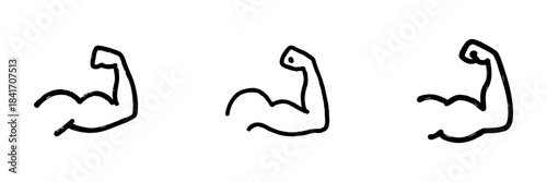 Flexed Bicep Arm Line Icon Set In Doodle Style. Strength, Fitness, And Bodybuilding Symbol Outline Sketch Collection. Muscle Growth And Workout Motivation. Hand Drawn Isolated Vector Illustration