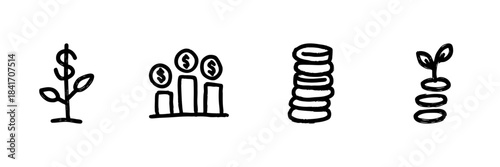 Financial Growth And Investment Line Icon Set In Doodle Style. Economic Development, Savings, And Wealth Accumulation Outline Sketch Collection. Hand Drawn Isolated Vector Illustration