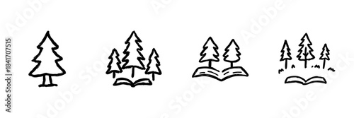 Tree And Book Line Icon Set In Doodle Style. Nature Education, Environmental Learning, And Knowledge Growth Outline Sketch Collection. Hand Drawn Isolated Vector Illustration