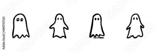 Ghost Character Line Icon Set In Doodle Style. Halloween, Spooky, And Supernatural Theme Outline Sketch Collection. Hand Drawn Isolated Vector Illustration