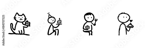 Cat And People With Cake Line Icon Set In Doodle Style. Celebration, Birthday, And Dessert Enjoyment Outline Sketch Collection. Hand Drawn Isolated Vector Illustration