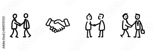 Handshake And Business Agreement Line Icon Set In Doodle Style. Partnership, Collaboration, And Professional Networking Outline Sketch Collection. Hand Drawn Isolated Vector Illustration