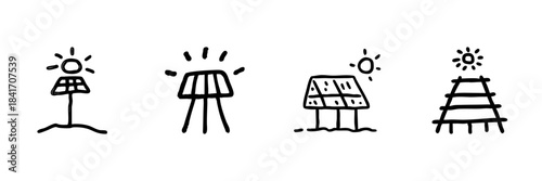 Solar Panel Line Icon Set In Doodle Style. Renewable Energy, Sustainable Power, And Eco-Friendly Technology Outline Sketch Collection. Hand Drawn Isolated Vector Illustration