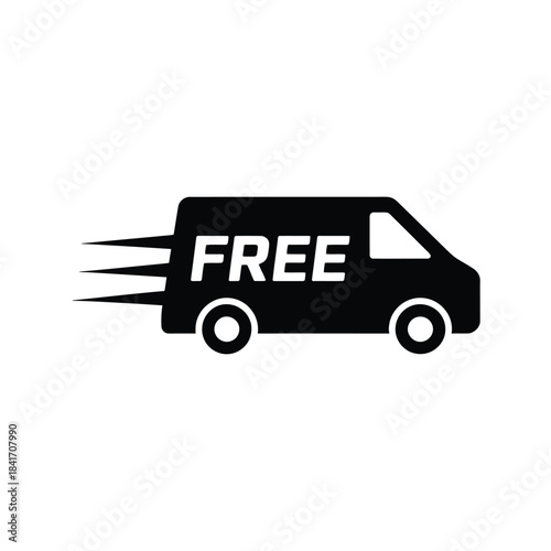 A black silhouette icon of a fast delivery van offering free shipping
