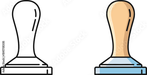 Stylized espresso tamper vector illustration showing barista coffee tool with wooden handle and metal base for café design