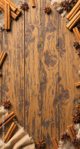 Rustic wooden table with cinnamon sticks, star anise, and burlap, cozy festive background