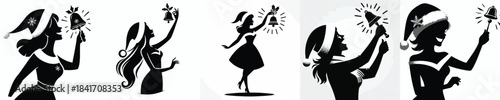 vector silhouette of a woman ringing a small Christmas bell