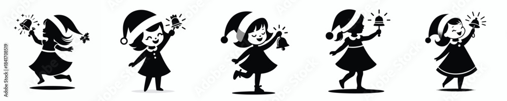 Fototapeta premium vector silhouette of a little girl ringing a small Christmas bell