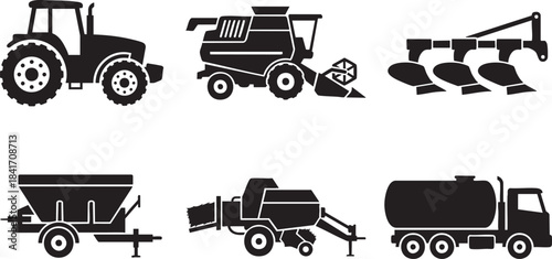 Black silhouette icons of agricultural machinery including tractor combine plow seeder baler tanker