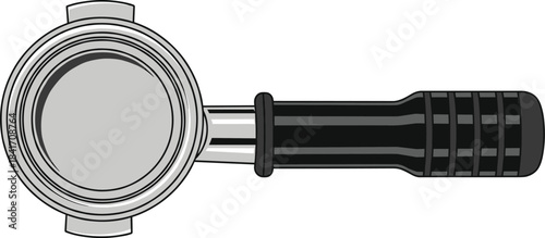 Detailed espresso portafilter illustration with metal basket and black handle for coffee equipment designs and barista artwork