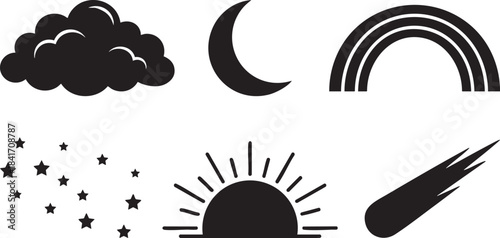 Black silhouette icons of cloud moon rainbow sun stars and comet on white background crescent