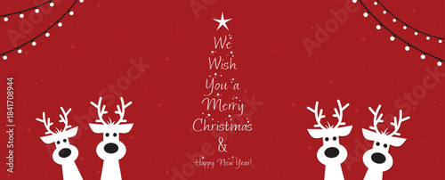 Cute Christmas reindeer on a red background. Christmas background, banner, or card. New trending vector illustration.