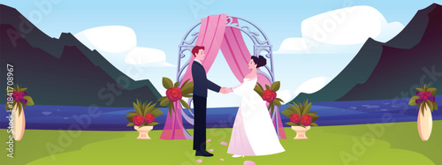 Wedding venue on mountain landscape vector flat illustration, bride and groom hold hands marriage ceremony on lake shore