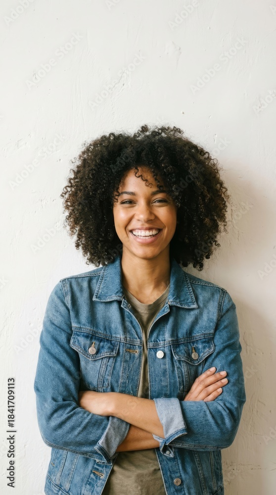 Fototapeta premium Woman Smiling Against Wall 2025 11 23 - A confident woman smiles against a wall, symbolizing positivity, strength, assurance, authenticity, and approachability
