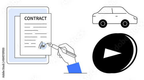 Legal agreements, car rentals, business transactions, digital media, iconography, professional documentation. Hand signing a contract, car play button icon. Legal agreements and car rentals concept