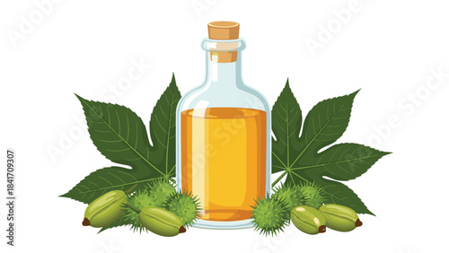 A bottle of castor oil with green leaves and seed pods