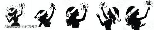 vector silhouette of a woman ringing a small Christmas bell