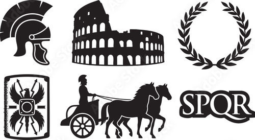 Black silhouette Roman helmet Colosseum laurel wreath chariot and S P Q R symbol vector