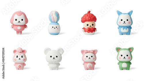 Adorable Collectibles Display: An assortment of charming and cute figurines, designed with delightful and vibrant colors, are arranged, perfect for collectors.