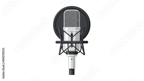 Professional studio microphone with pop filter on stand for recording and broadcasting
