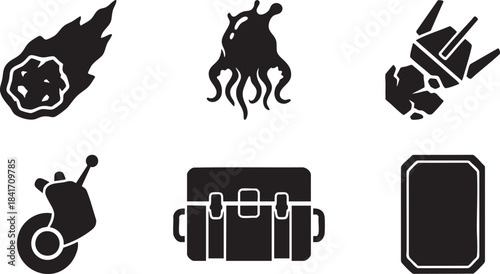 Black vector icons of a comet a blob creature a spaceship a snail a suitcase and a tablet asteroid
