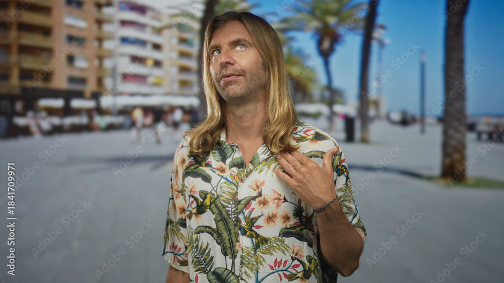 Fototapeta premium Man with long hair walking on promenade under bright sunlight by modern beachfront buildings; serenity.