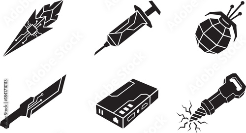 Black vector icons of futuristic weapon syringe grenade drill knife and power bank white