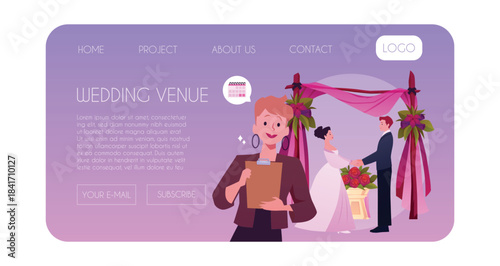 Online wedding ceremony booking, bride and groom, flower arch, website web page.