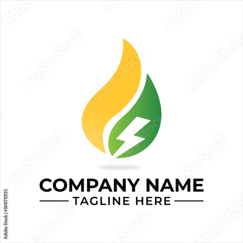 A modern logo concept featuring a green leaf, yellow flame shape, and a lightning bolt symbol