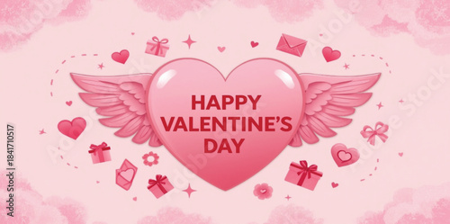 Happy Valentine's Day Pink Heart with Wings & Gifts - Romantic Celebration Background