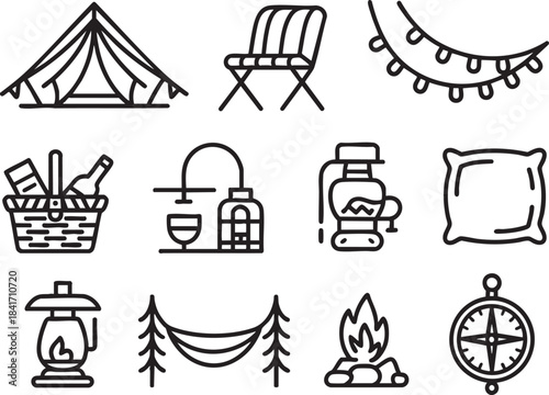 Camping icons tent chair lights picnic basket drink dispenser coffee maker pillow lantern hammock campfire compass