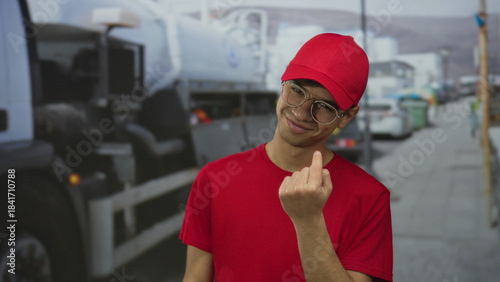 Quadro em tela Young hispanic man flips middle finger on street beside a delivery truck while wearing red cap and t shirt; defiance