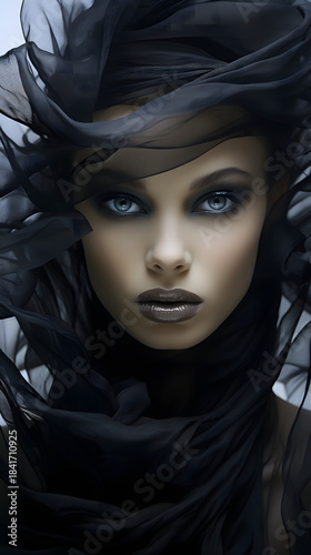 Moody exotic portrait of a veiled woman in black fabric, focusing on feminine beauty and mystique