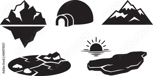 Collection of black and white vector icons depicting arctic landscape elements and a sunrise mountain
