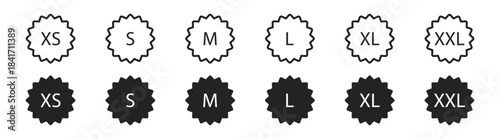 Clothing size label set with small, medium and large icons, isolated vector tags and garment measurement symbols on a transparent background.
