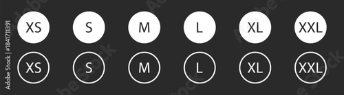 Size label and clothing tag vector icons with identification, measurement, and descriptive symbols for small, medium, and large apparel