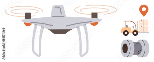 quadcopter in flight with visible propellers, forklift carrying package, location pin, and conveyor wheel. Ideal for delivery, logistics, innovation, automation, transportation future technology