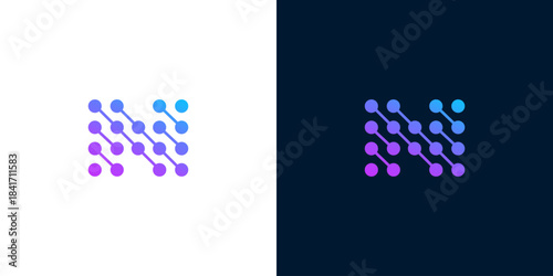 Abstract Network Data Connection Concept Logo Design with Purple and Blue Gradient Dots and Lines