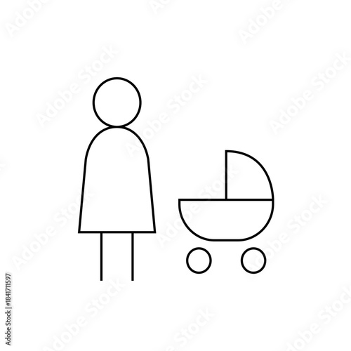 Simple Line Drawing of Woman Pushing Baby Stroller, Minimalist Illustration