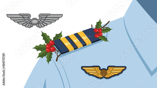 Military pilot insignia with holly on a light blue uniform shirt