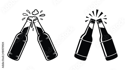 Two pairs of dark beer bottles clinking together, Beer bottle cheers icon, Beer Bottles Clinking Cheers, Foaming Celebration Silhouettes, Party and Beverage Set, Vector illustration