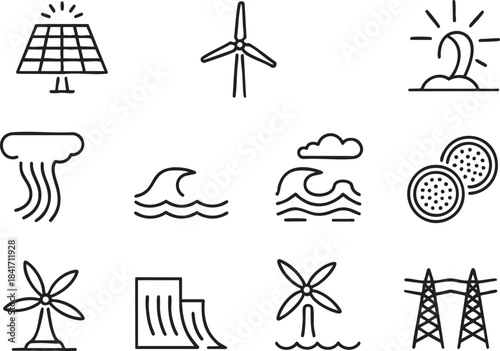 Collection of black line icons representing renewable energy sources and power transmission solar