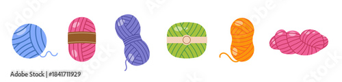 Different yarn balls and skeins set. Yarnwork design elements collection, vector illustration