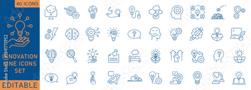 Creativity innovation set of web icons in line style. Creative business solutions icons for web and mobile app Creative idea, team management, brainstorming, solution,  invention. Vector illustration.