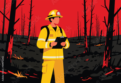 A rescuer in protective gear stands in a burnt forest, with red sky