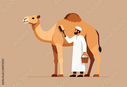 Man in traditional attire grooms camel with brush & bucket