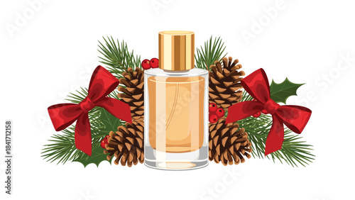 A festive perfume bottle surrounded by christmas decorations including pine branches, pine cones, and red ribbons on a