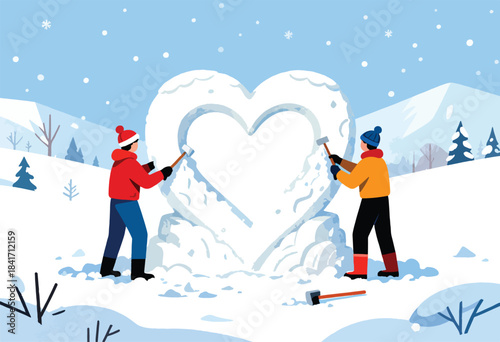 Two people sculpt a large heart from snow in a winter landscape