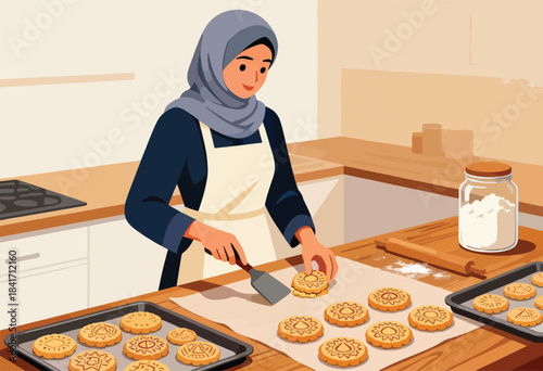 A woman in a headscarf prepares cookies in a kitchen